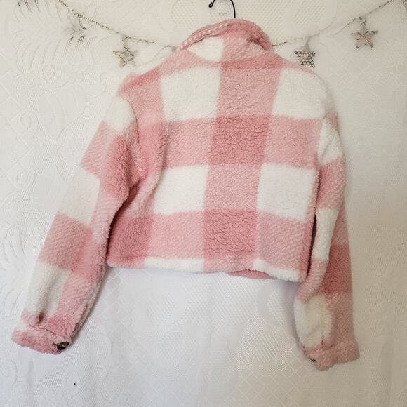 Shein XSmall 2 Sherpa Pink White Plaid Lambs Wool Cropped Jacket Cozy Cottage - Picture 2 of 10